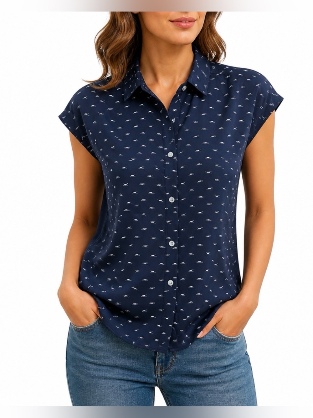 LOFT Navy Top with Small White Brushstroke Print